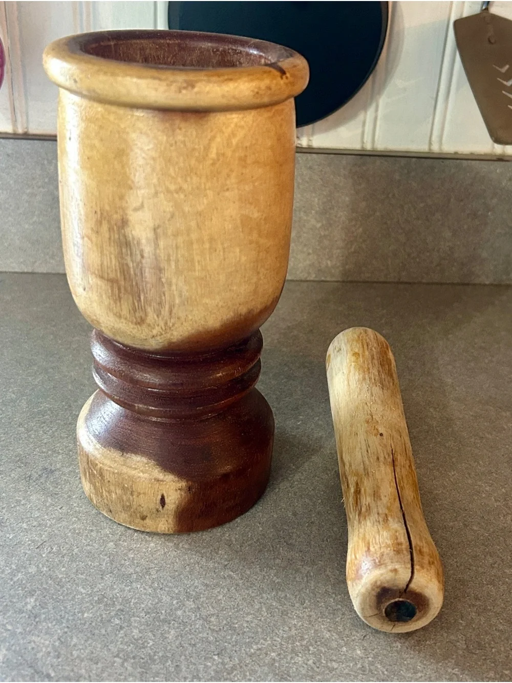 Hand-Finished Wooden Mortar and Pestle in Natural Brown